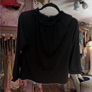 Elegant Black High Neck Top - Elastic Ruffled Neckline & Sleeve Cuffs